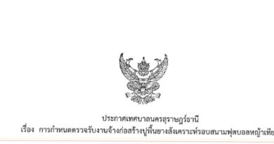 ประกาศเทศบาลนครสุราษฎร์ธานี เรื่อง การกำหนดตรวจรับงานจ้างก่อสร้างปูพื้นยางสังเคราะห์รอบสนามฟุตบอลหญ้าเทียม